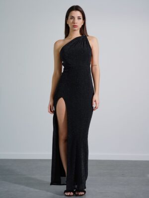 Vestido largo con glitter con strass en el hombro